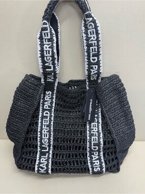 Karl Lagerfeld Black Crochet Tote with White-Trim Logo Straps size 12 x 13 inch
